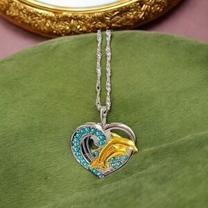 Dolphin in Love Pendant Necklace Blue Rhinestone Silver Gold Costume Jewelry New